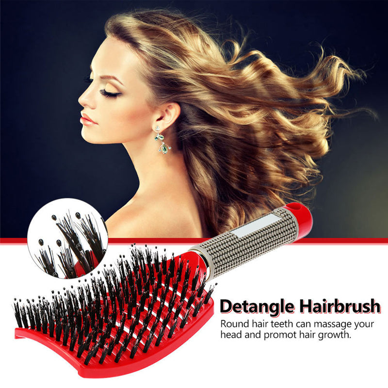 Curved detangling hair brush with two-tone bristles